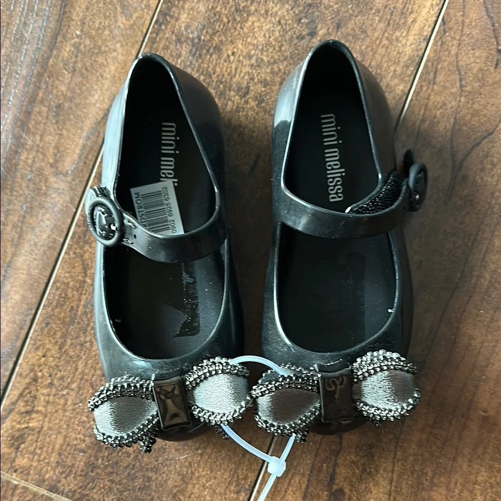 Mini Melissa Black Dress Shoes with Decorative silver bow - Picture 1 of 4